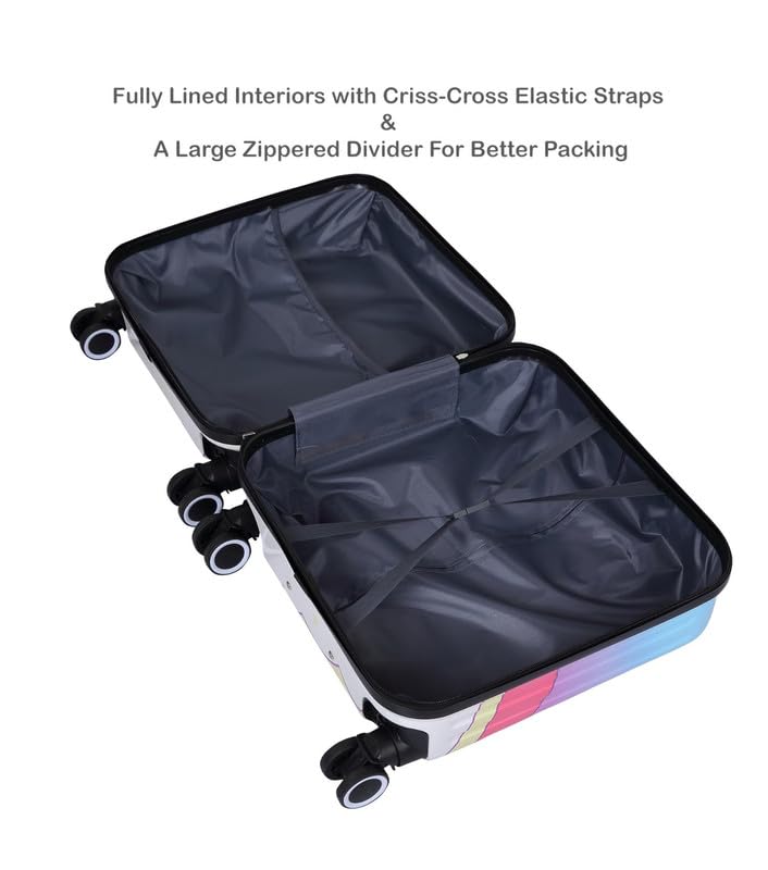 Premium kids luggage with vibrant 3D unicorn and rainbow design, durable trolley bag with spinner wheels for travel.